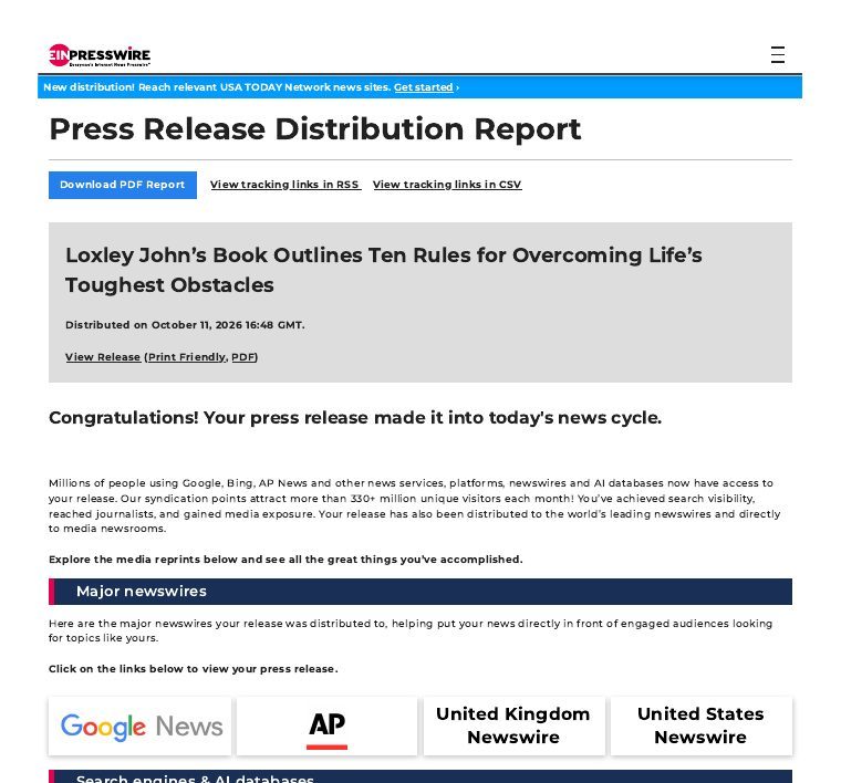 First page of the EIN Presswire distribution report for Loxley John's book